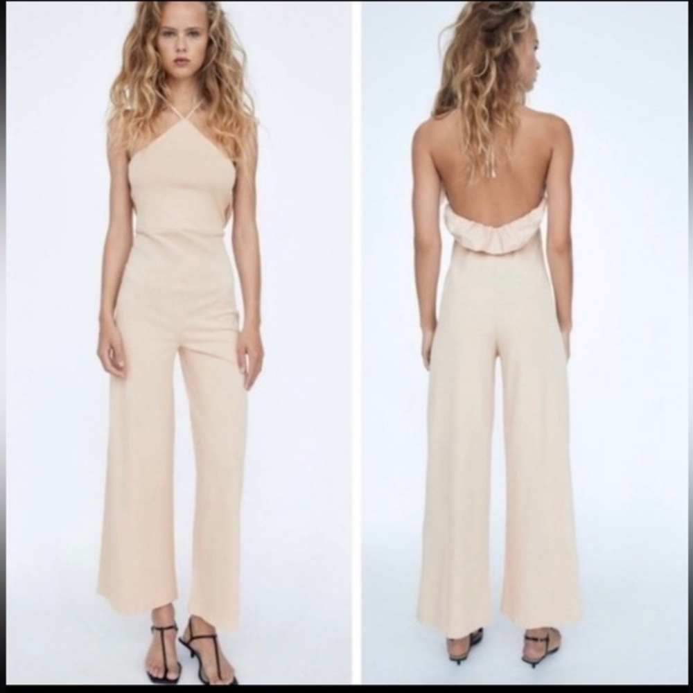 Nwot medium Zara ruffle back halter jumpsuit cream